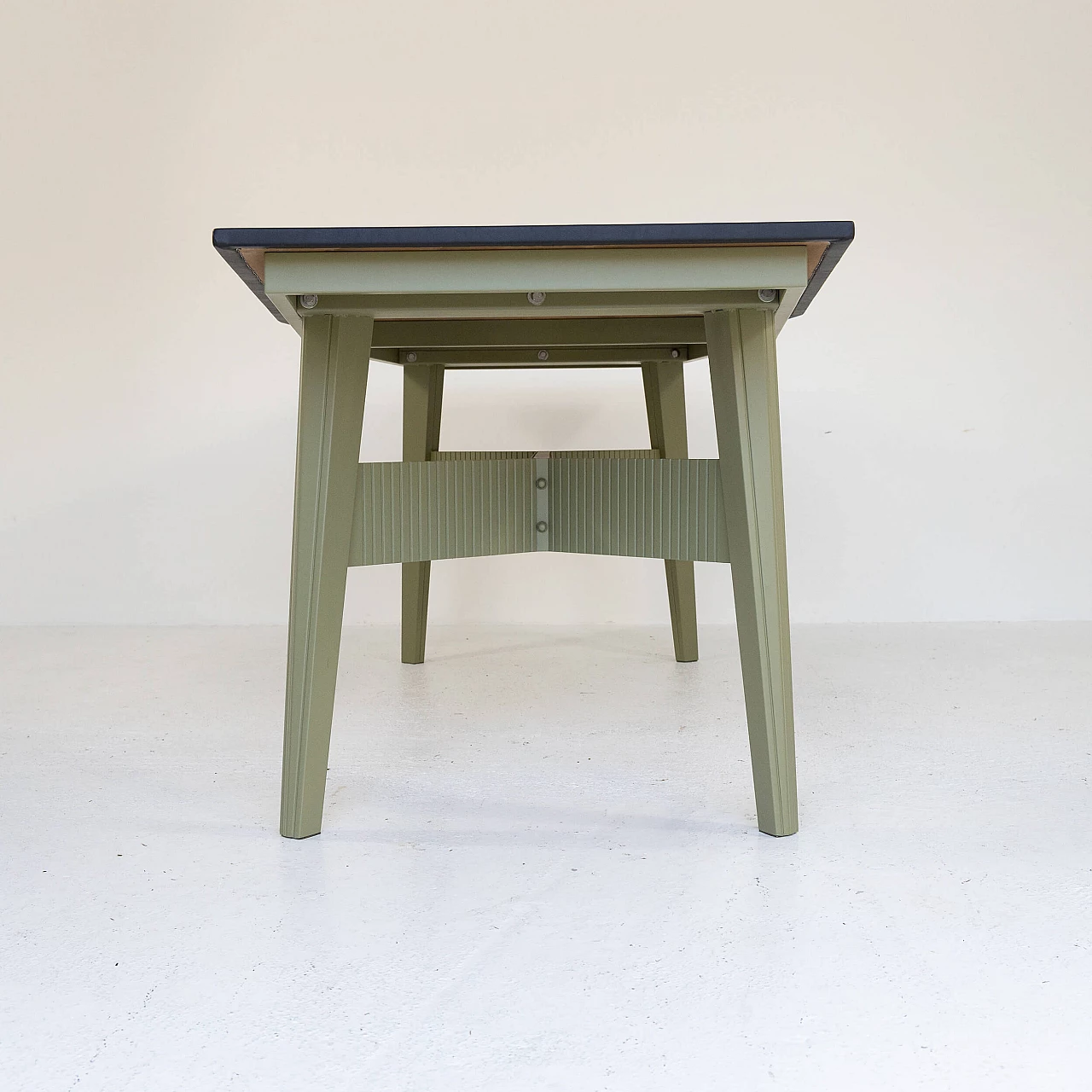 Green varnished metal and black leatherette table, 1960s 2