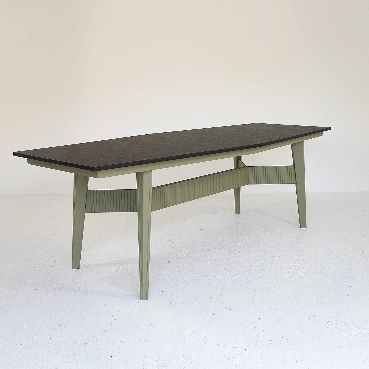 Green varnished metal and black leatherette table, 1960s 5