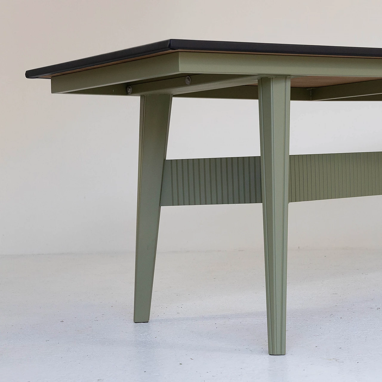 Green varnished metal and black leatherette table, 1960s 6
