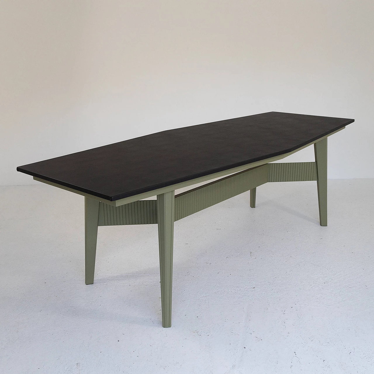 Green varnished metal and black leatherette table, 1960s 7