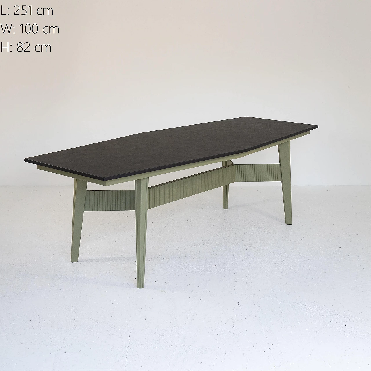 Green varnished metal and black leatherette table, 1960s 9