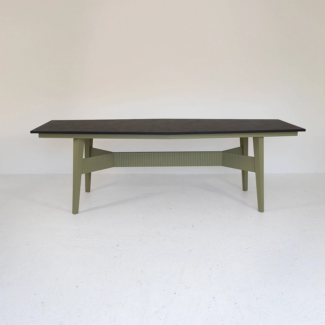Green varnished metal and black leatherette table, 1960s 10