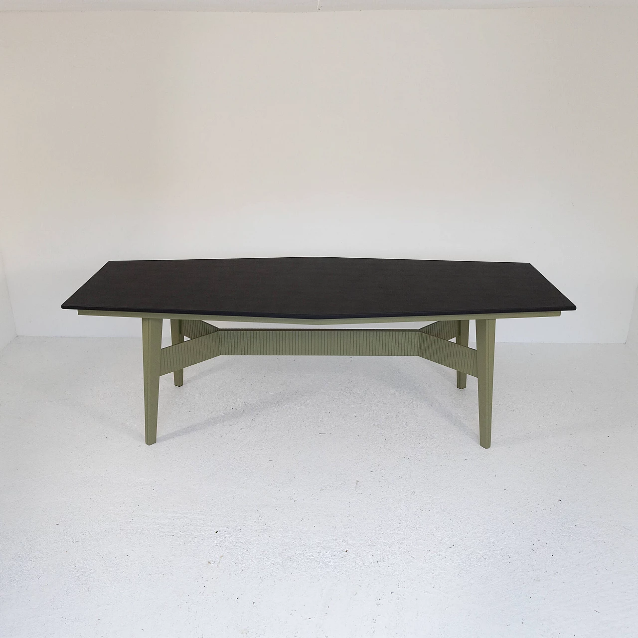 Green varnished metal and black leatherette table, 1960s 11
