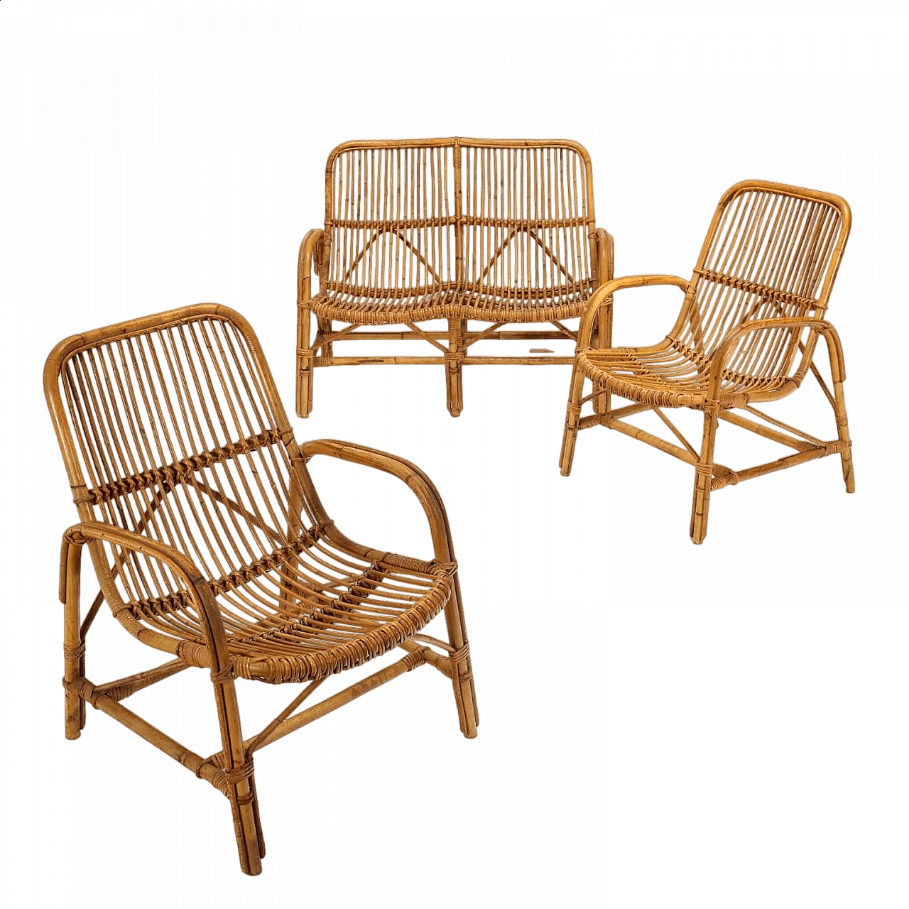 Coppia di poltrone e divano in bambù e corda, anni '60 9
