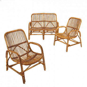 Coppia di poltrone e divano in bambù e corda, anni '60
