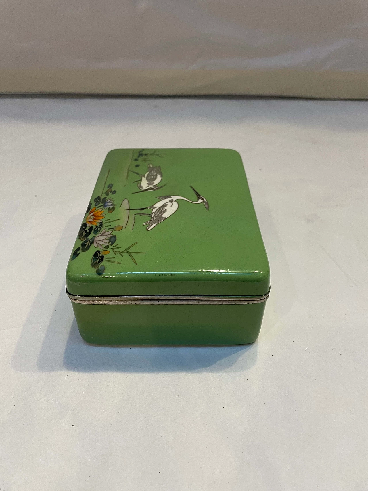 Scatola giapponese in metallo smaltato cloisonné con aironi, '800 5