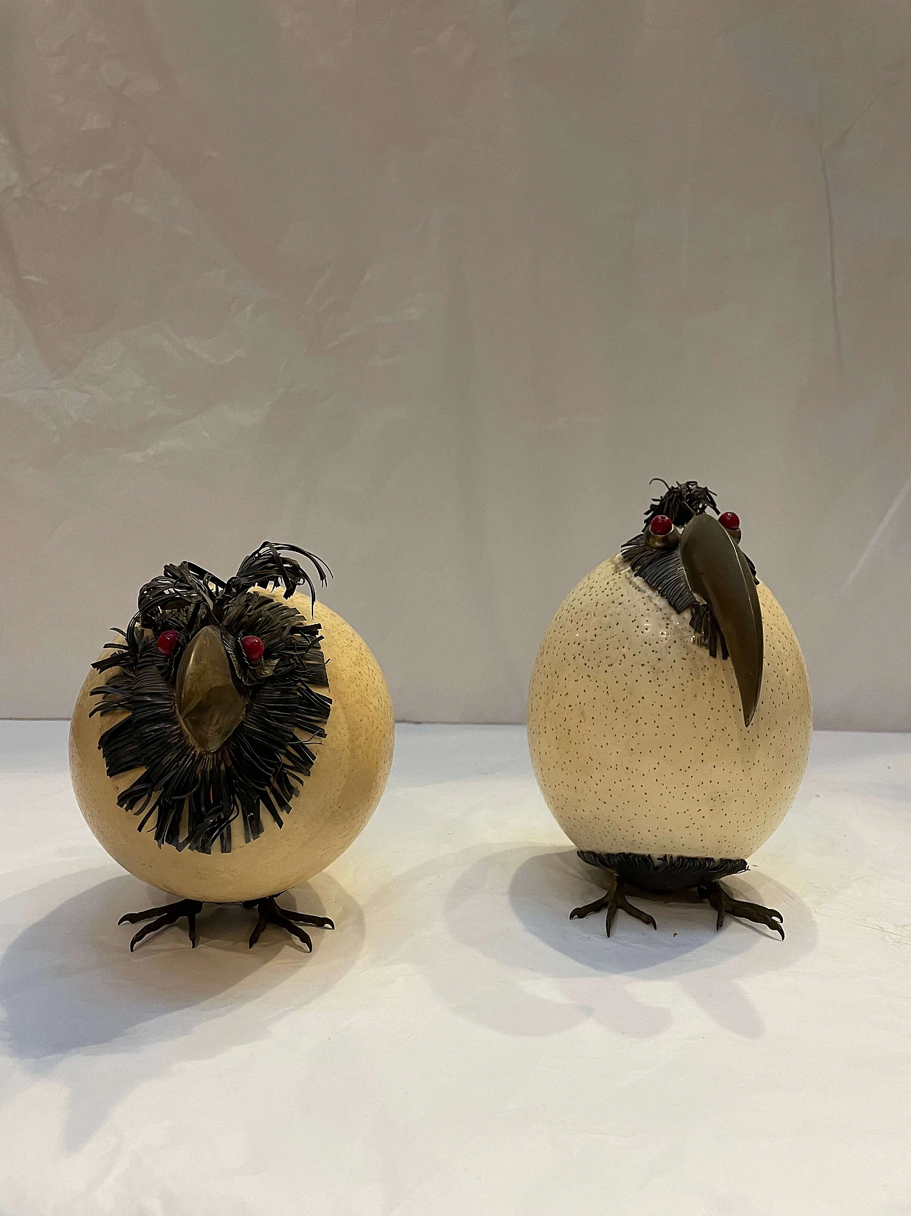 Ostrich eggs depicting caricature birds, late 1800s 1