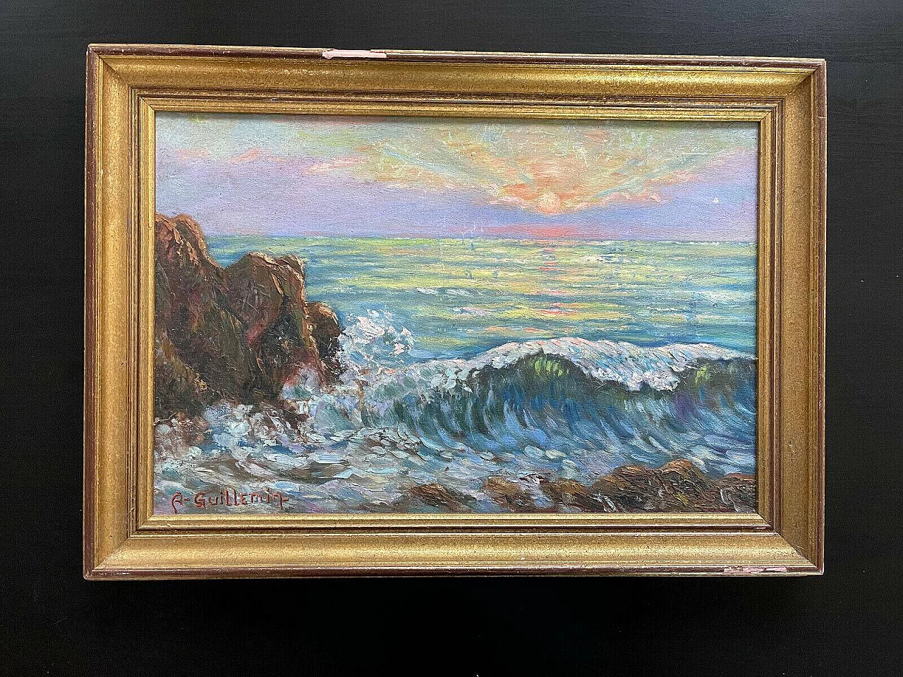 Tramonto sul mare, dipinto a olio su tavola, anni '50 2