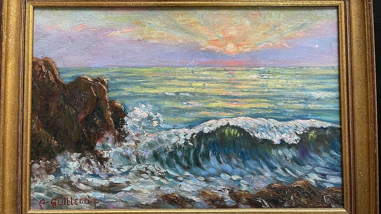 Tramonto sul mare, dipinto a olio su tavola, anni '50 3