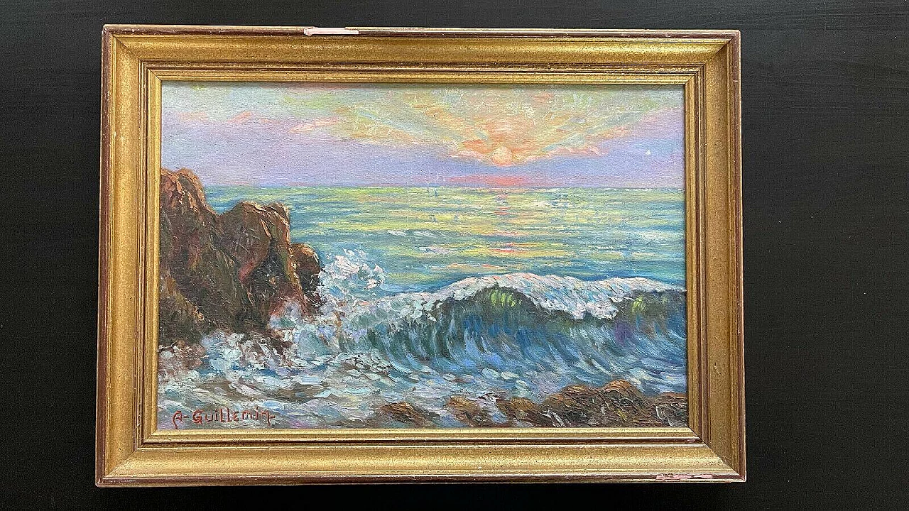 Tramonto sul mare, dipinto a olio su tavola, anni '50 4