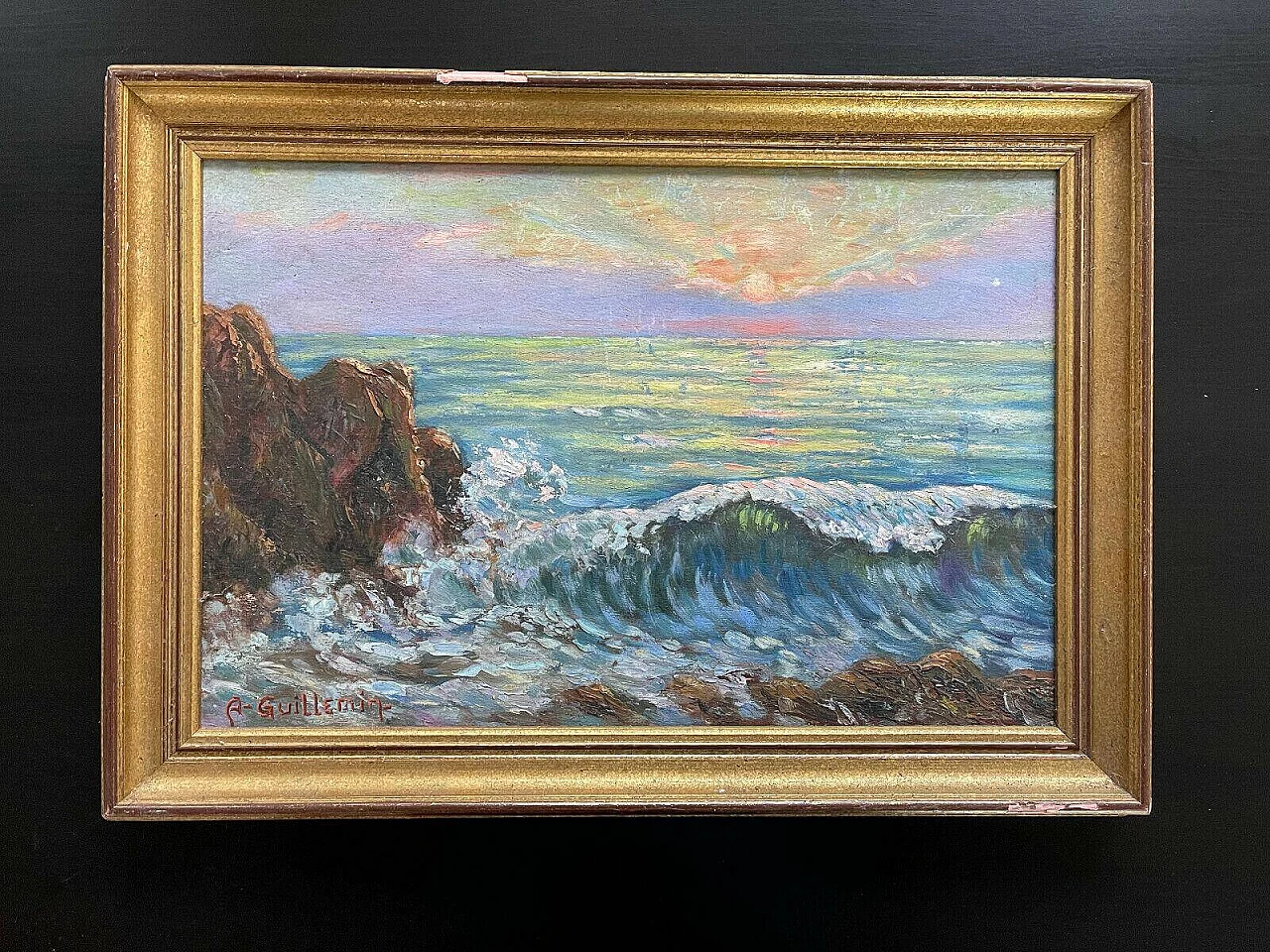 Tramonto sul mare, dipinto a olio su tavola, anni '50 5