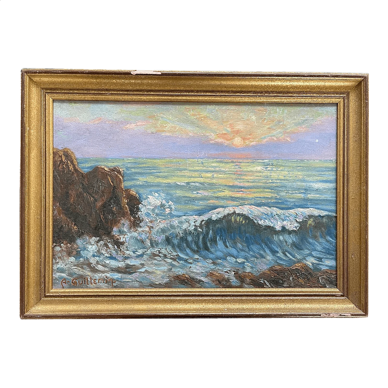 Tramonto sul mare, dipinto a olio su tavola, anni '50 6