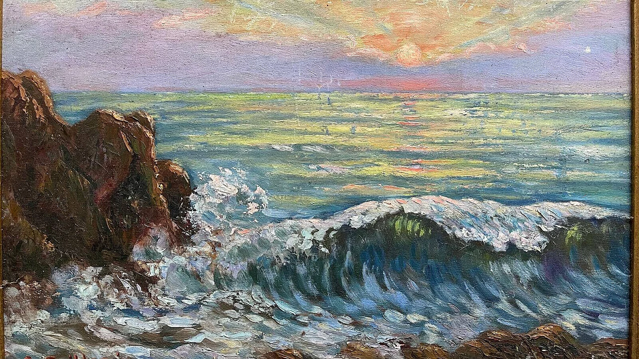 Tramonto sul mare, dipinto a olio su tavola, anni '50 7
