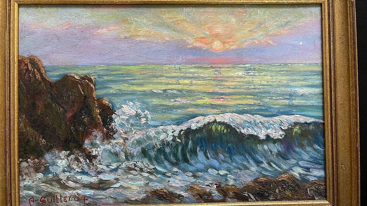 Tramonto sul mare, dipinto a olio su tavola, anni '50 9