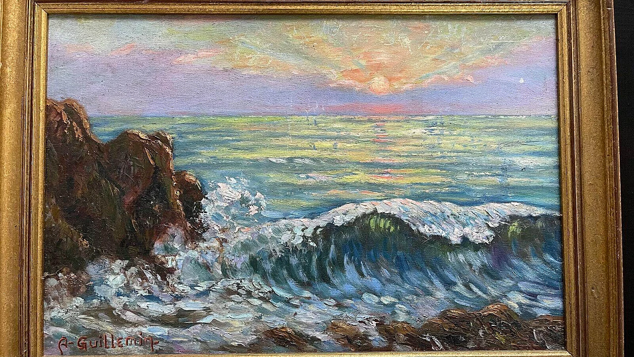 Tramonto sul mare, dipinto a olio su tavola, anni '50 10