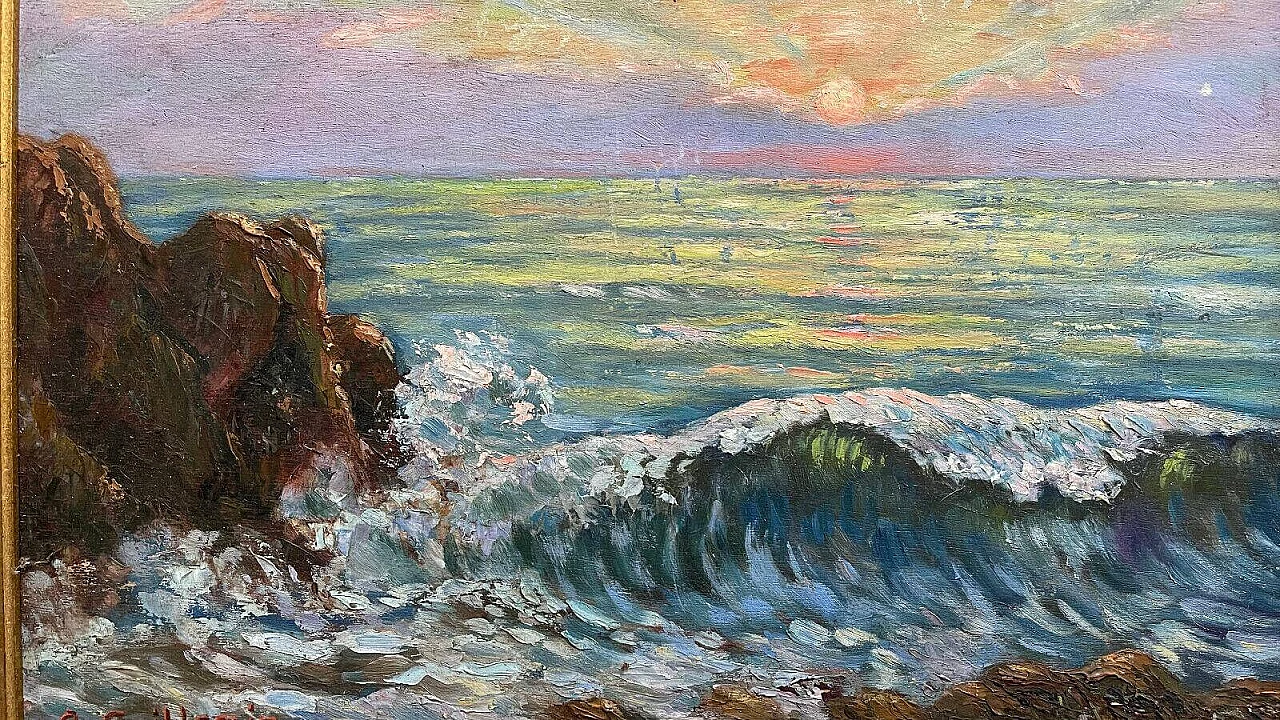Tramonto sul mare, dipinto a olio su tavola, anni '50 11