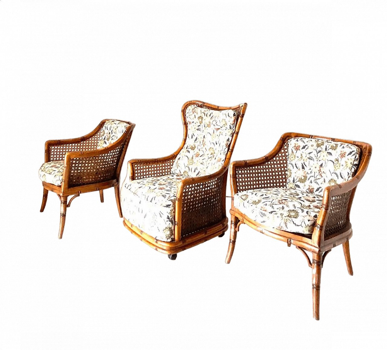 3 Faux bamboo and wicker armchairs by Giorgetti, 1970s 20