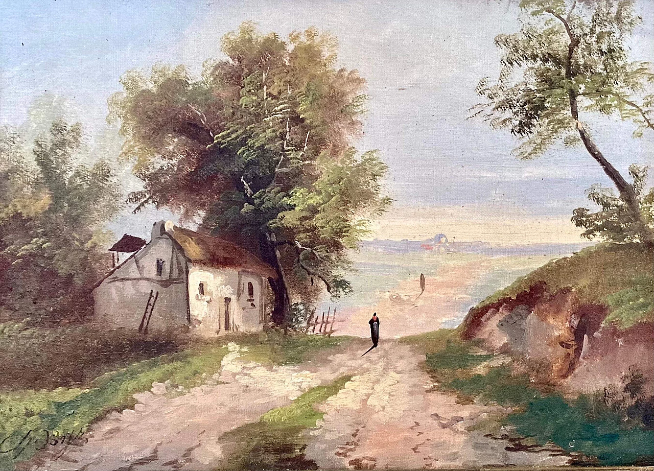Paesaggio nello stile della Scuola di Barbizon, dipinto a olio, fine '800 4
