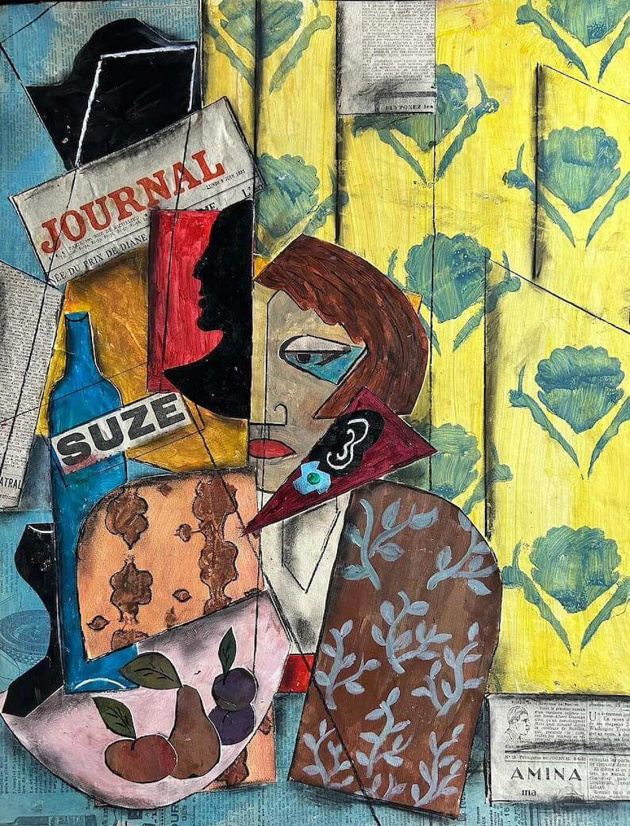 Cubist composition, oil painting and collage on panel, 1940s 1