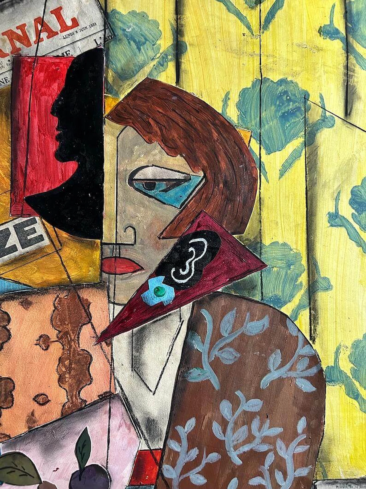 Cubist composition, oil painting and collage on panel, 1940s 2