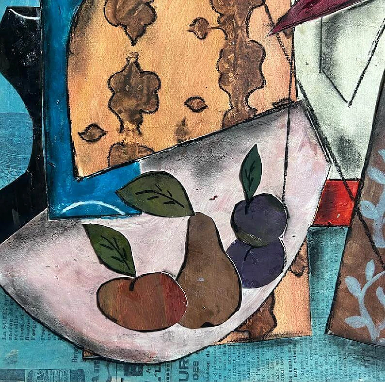 Cubist composition, oil painting and collage on panel, 1940s 3