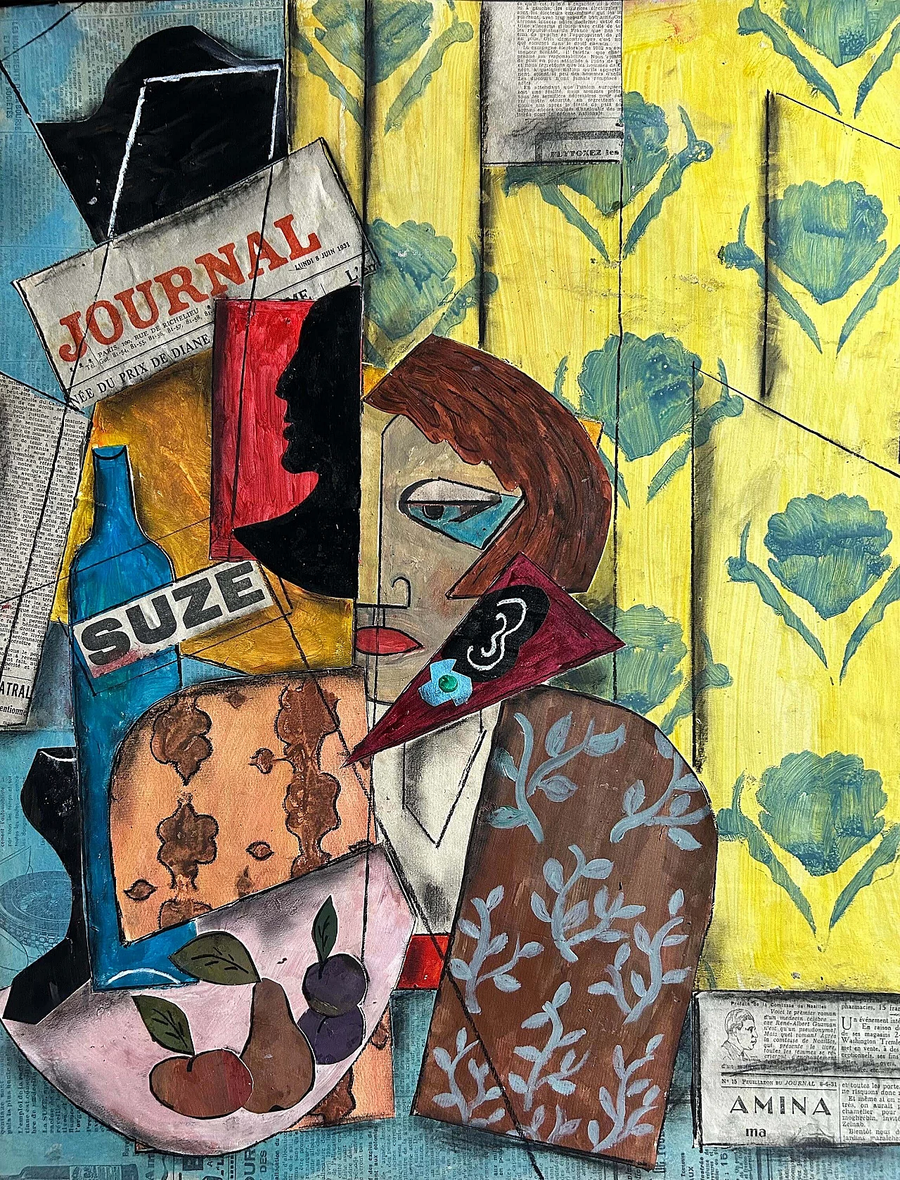 Cubist composition, oil painting and collage on panel, 1940s 7