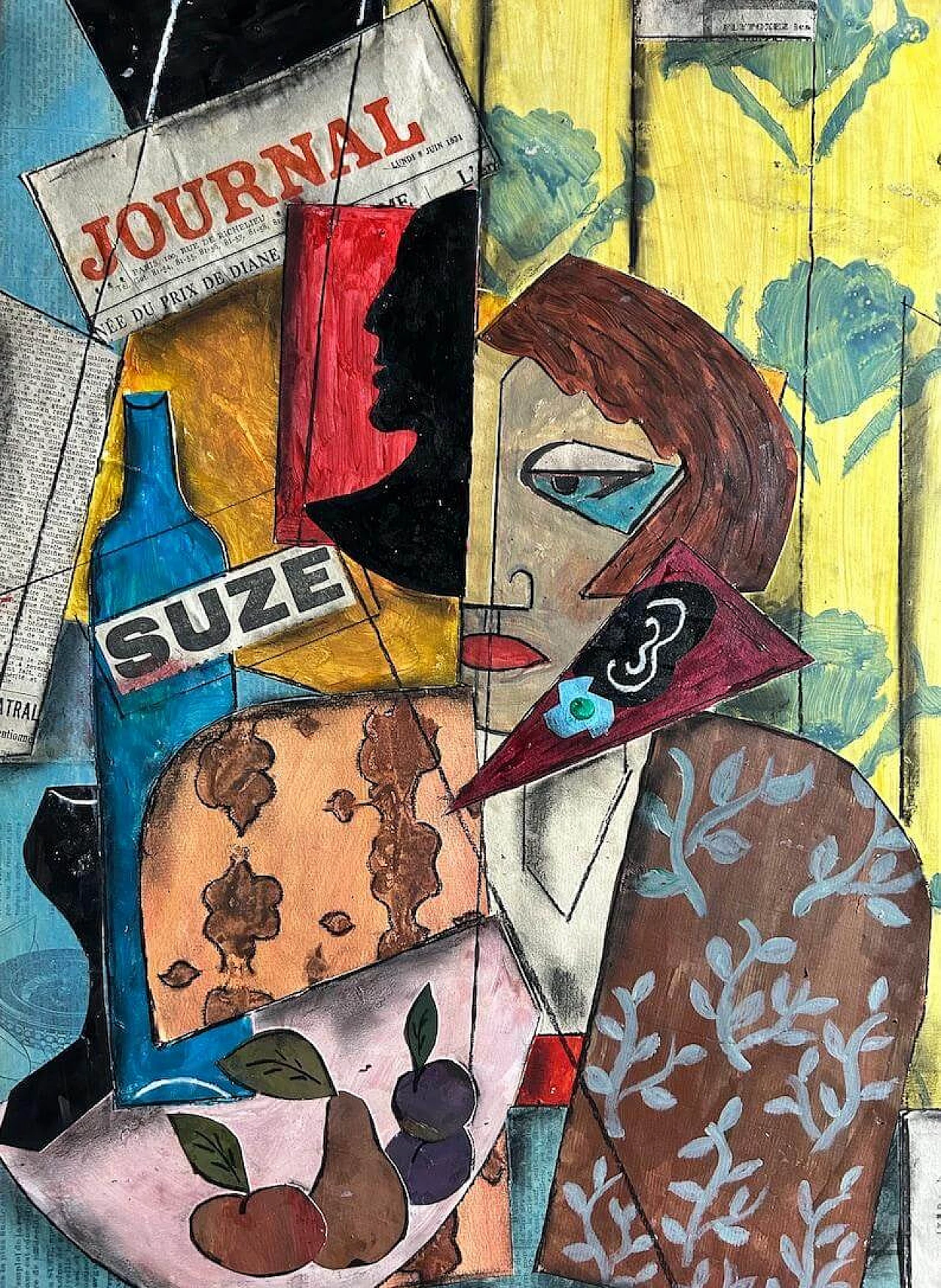 Cubist composition, oil painting and collage on panel, 1940s 8