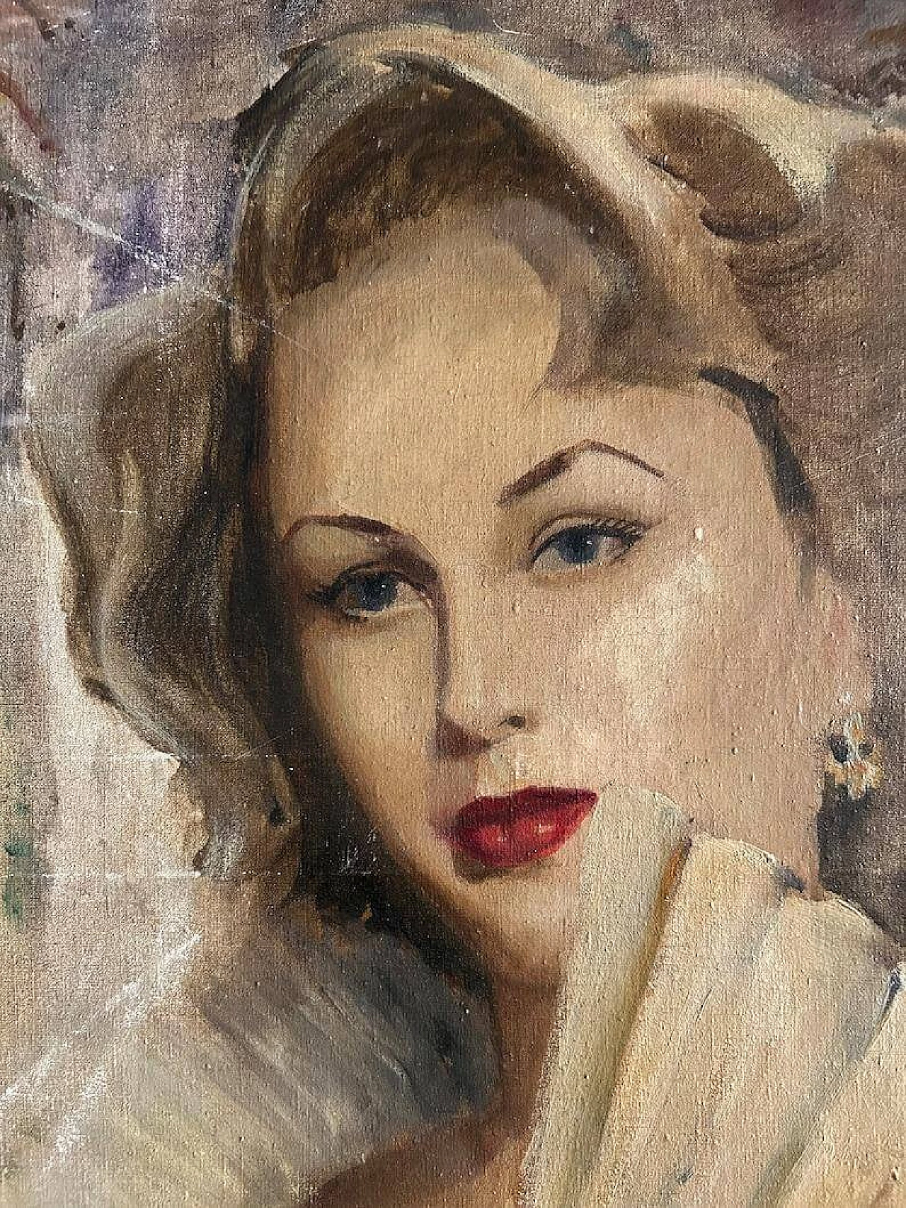 Portrait of woman with fan, oil painting on canvas, 1940s 1