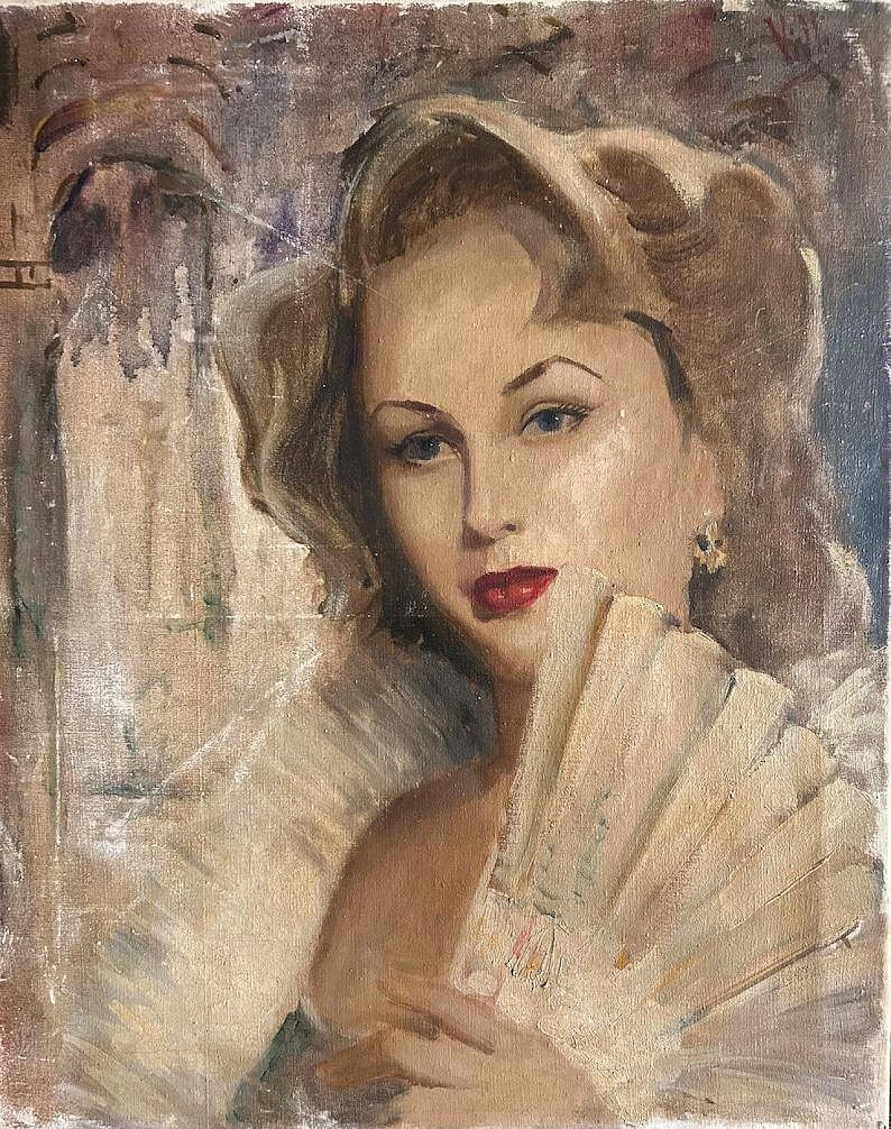 Portrait of woman with fan, oil painting on canvas, 1940s 3