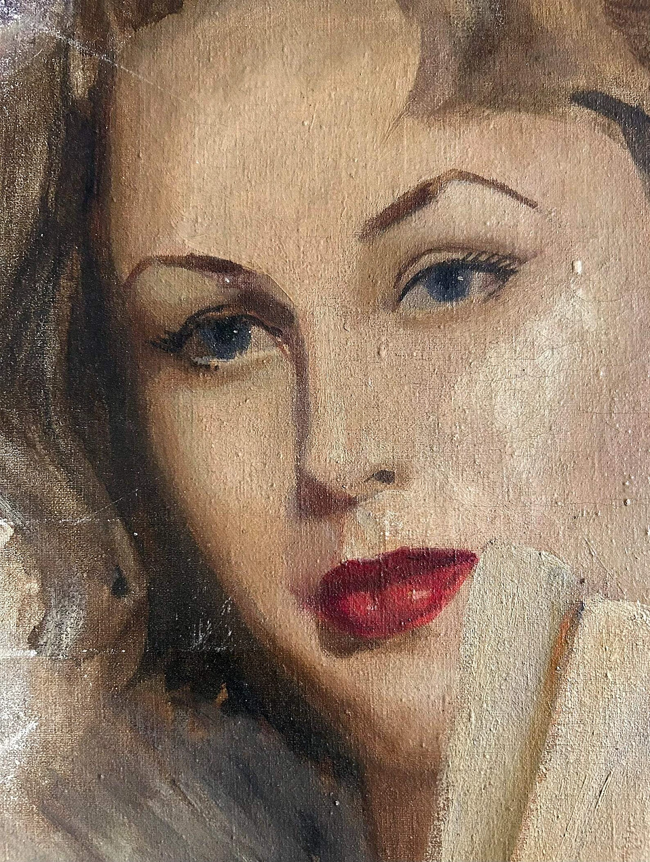 Portrait of woman with fan, oil painting on canvas, 1940s 5