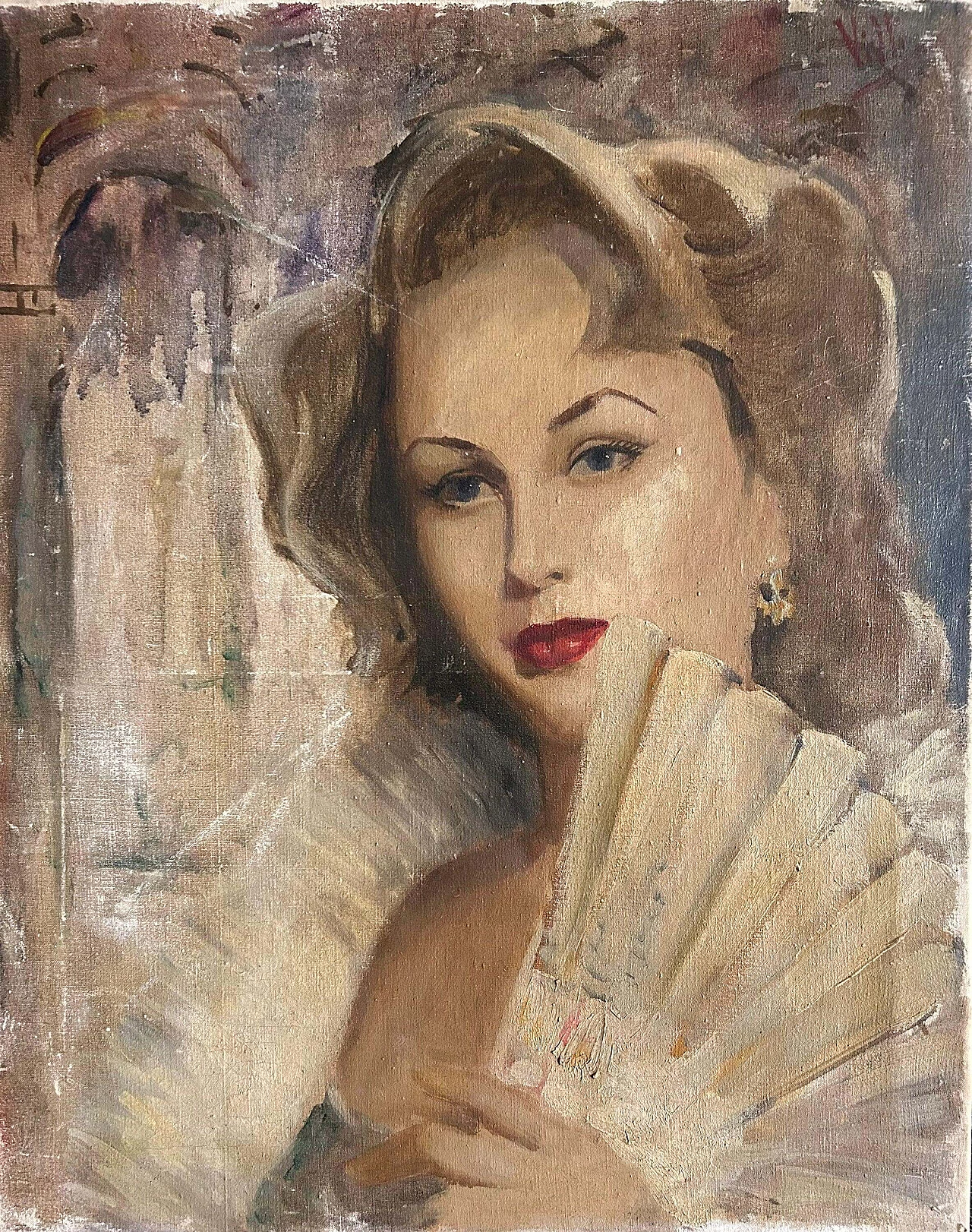 Portrait of woman with fan, oil painting on canvas, 1940s 6
