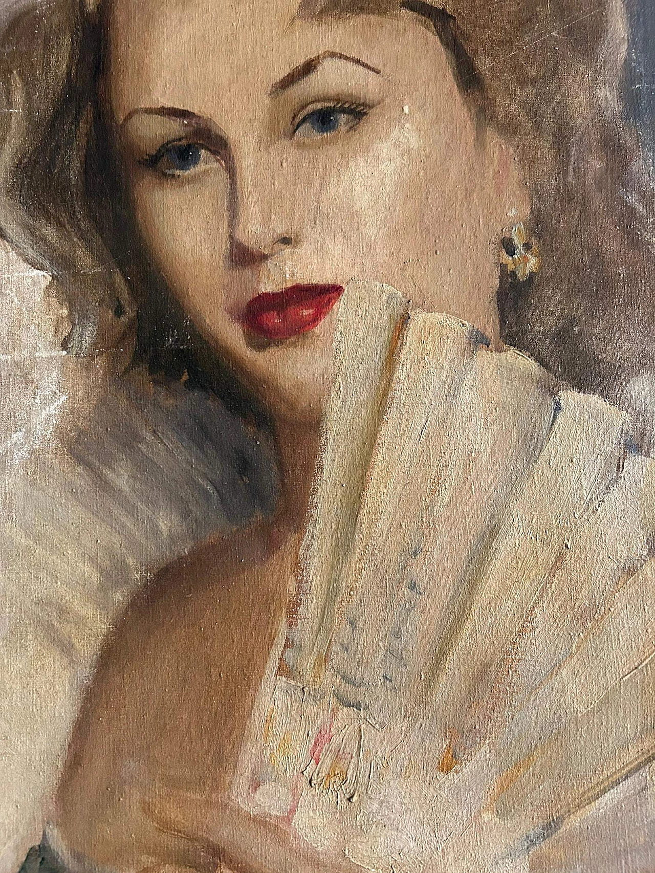 Portrait of woman with fan, oil painting on canvas, 1940s 7