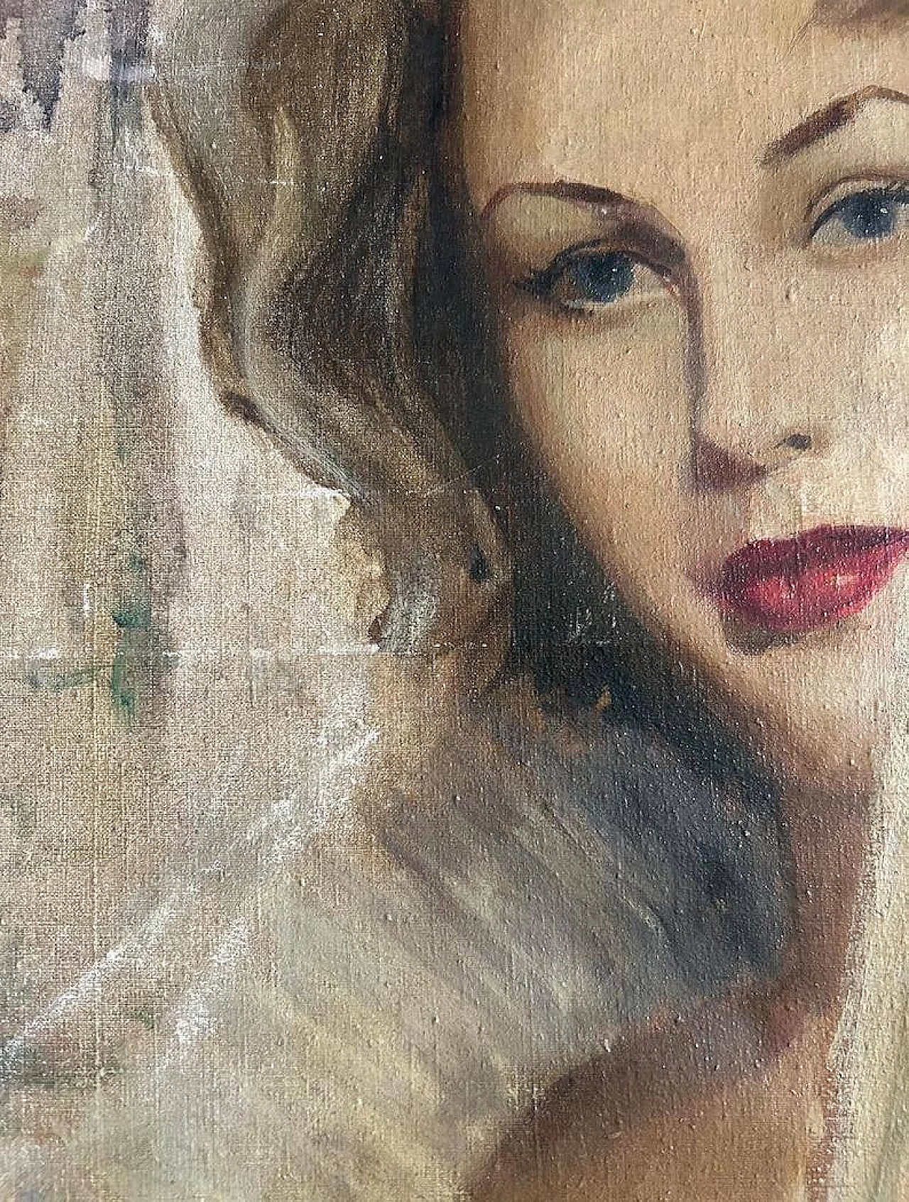 Portrait of woman with fan, oil painting on canvas, 1940s 8