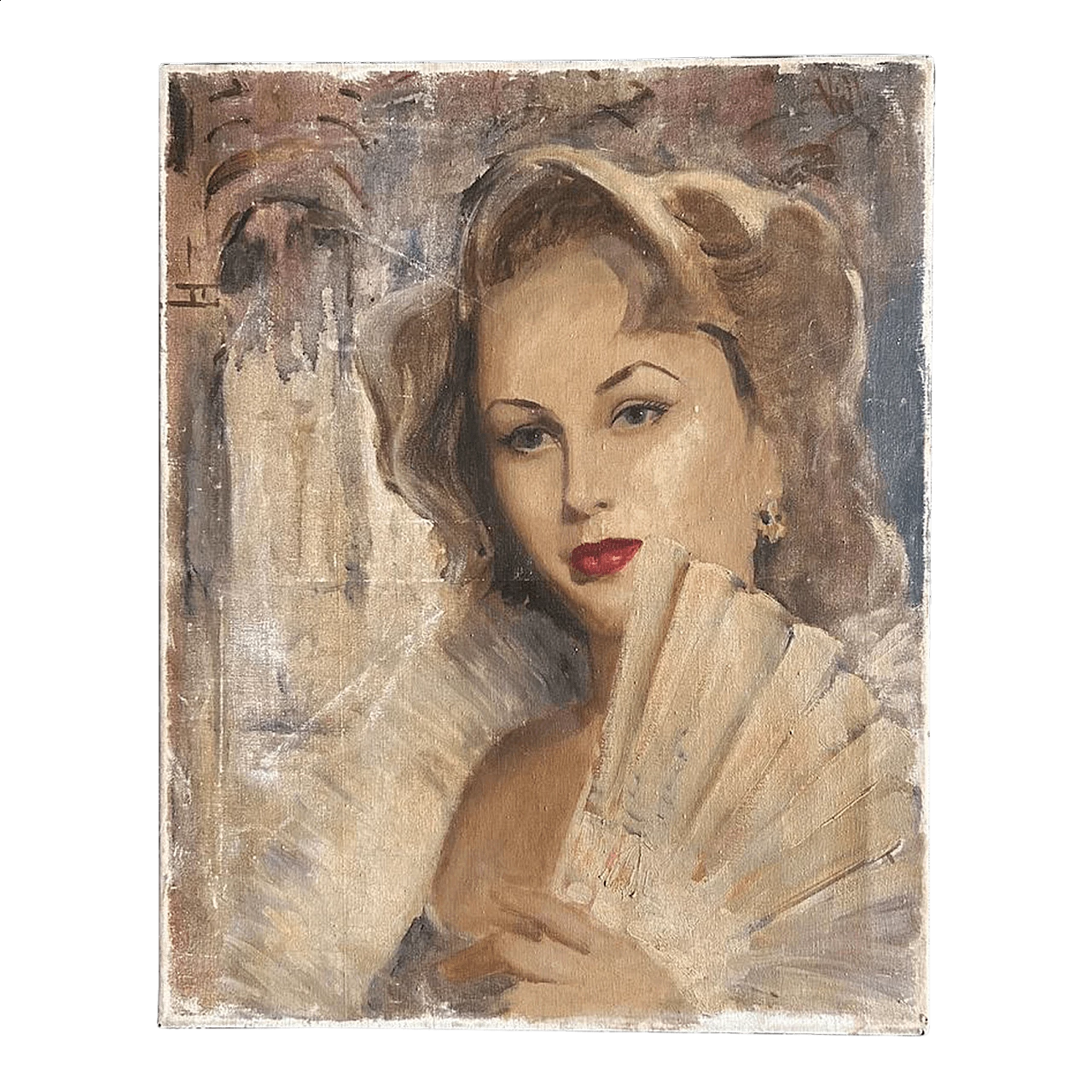 Portrait of woman with fan, oil painting on canvas, 1940s 11