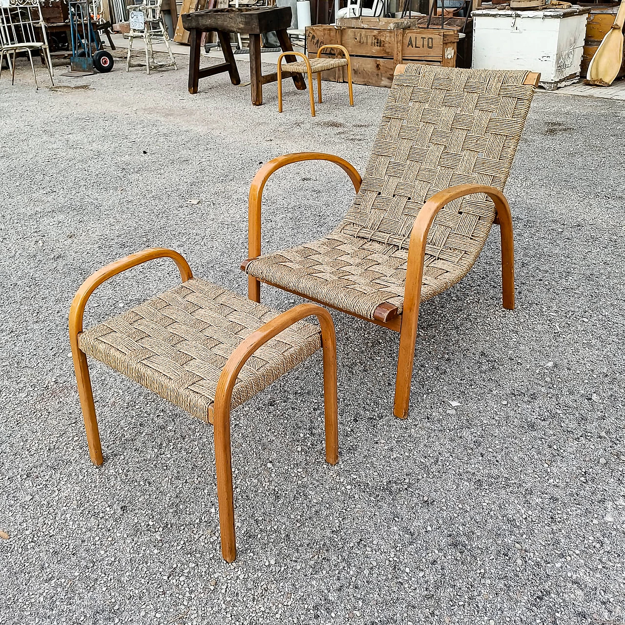 Art Deco wood and rope armchair and footstool 1