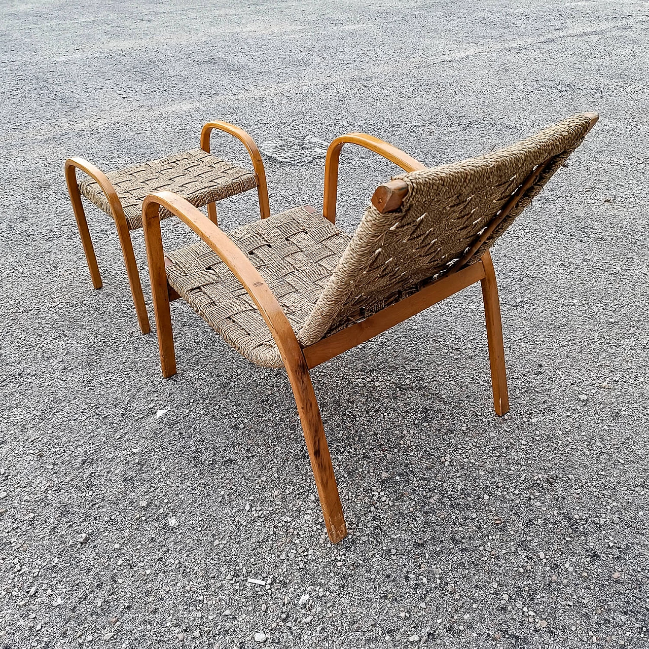 Art Deco wood and rope armchair and footstool 3