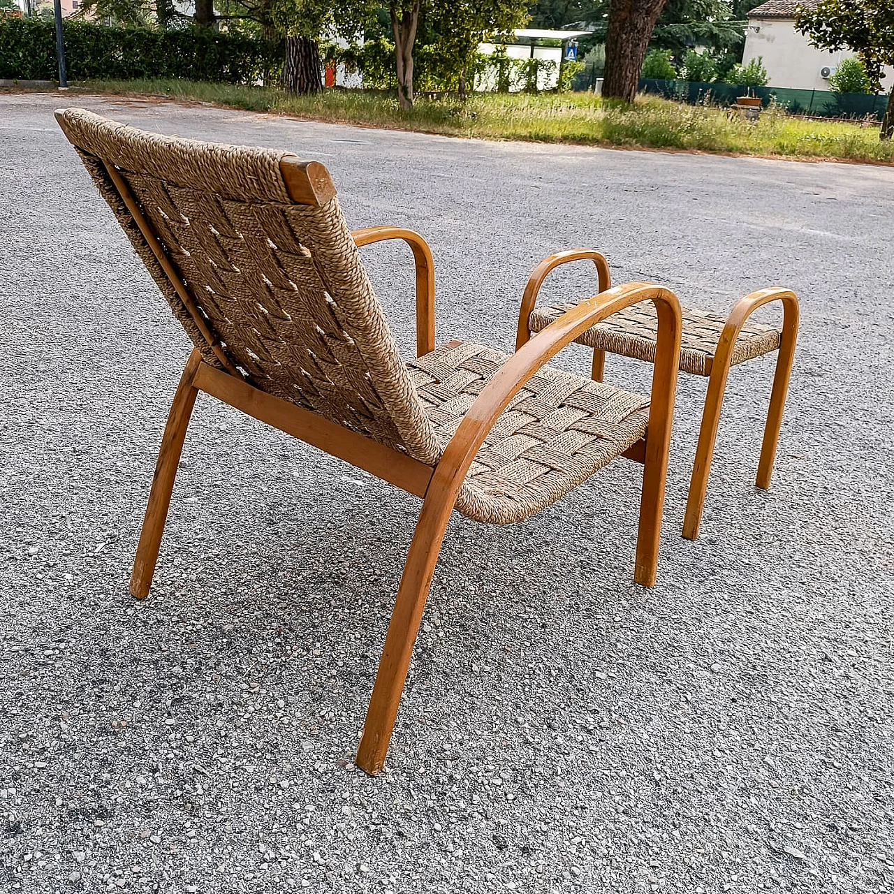 Art Deco wood and rope armchair and footstool 5