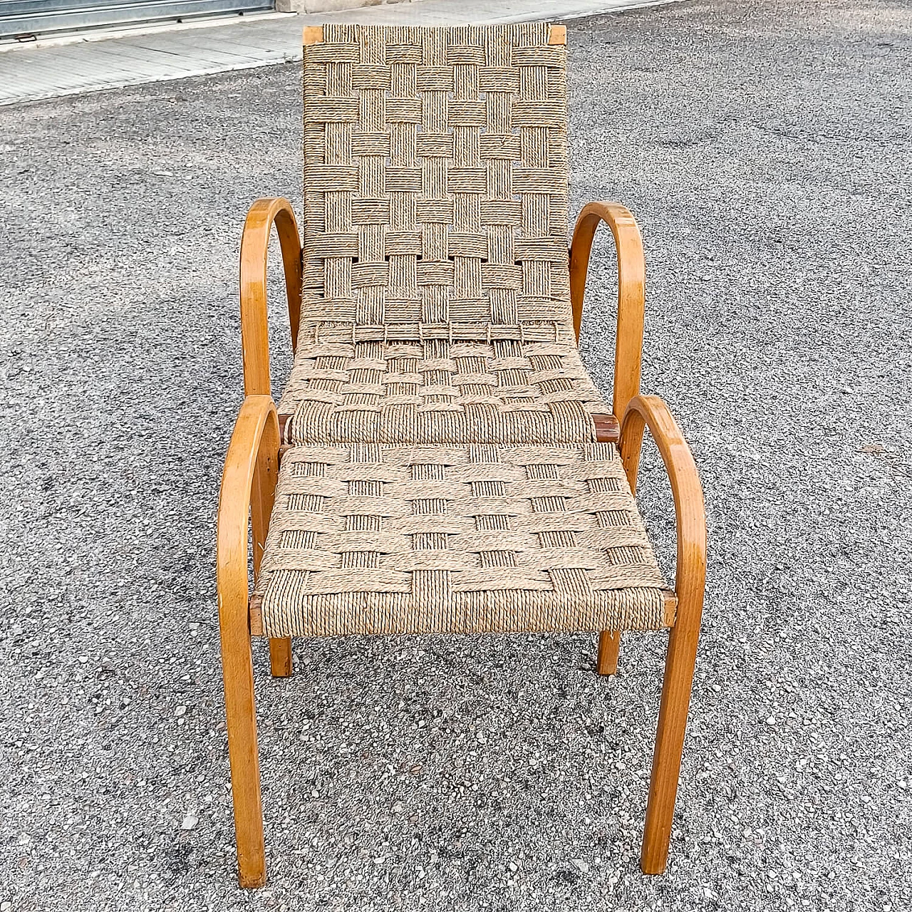 Art Deco wood and rope armchair and footstool 7