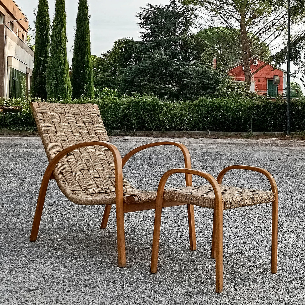 Art Deco wood and rope armchair and footstool 8