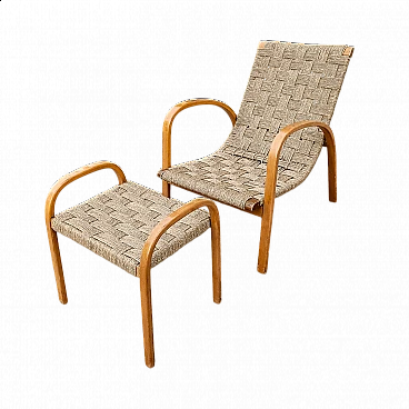 Art Deco wood and rope armchair and footstool