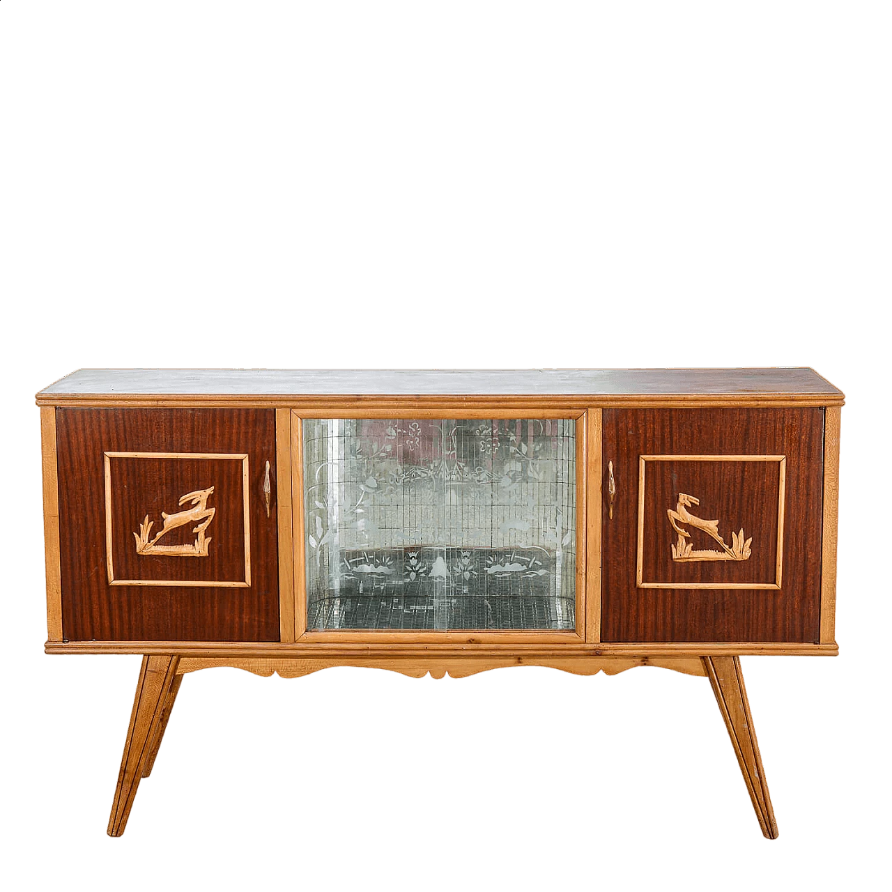 Glass and two-tone wood bar cabinet with carved deer, 1960s 9