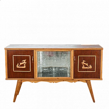 Glass and two-tone wood bar cabinet with carved deer, 1960s