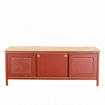 Burgundy leatherette, glass and metal sideboard by Umberto Mascagni