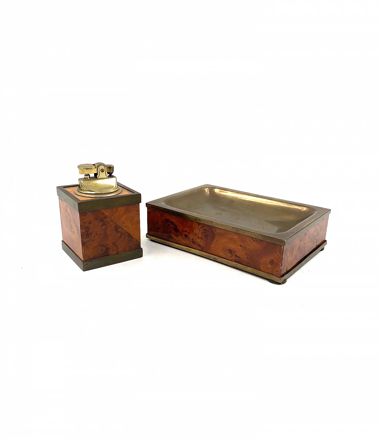Wood and brass ashtray and table lighter, 1950s 1