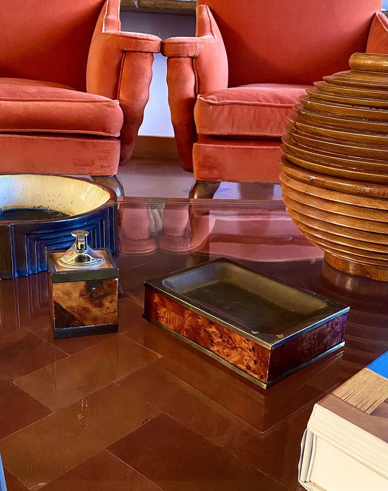 Wood and brass ashtray and table lighter, 1950s 2