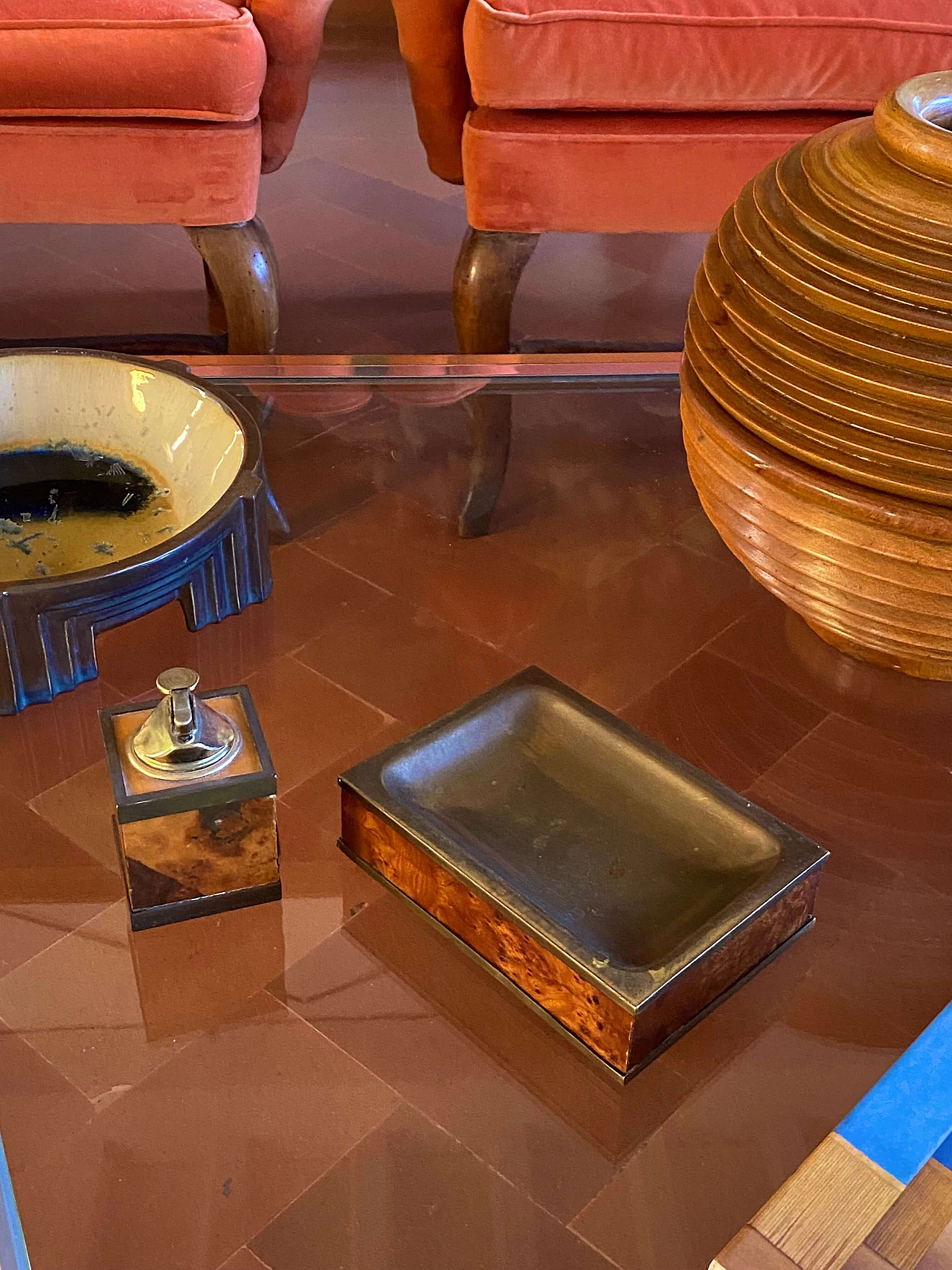 Wood and brass ashtray and table lighter, 1950s 4