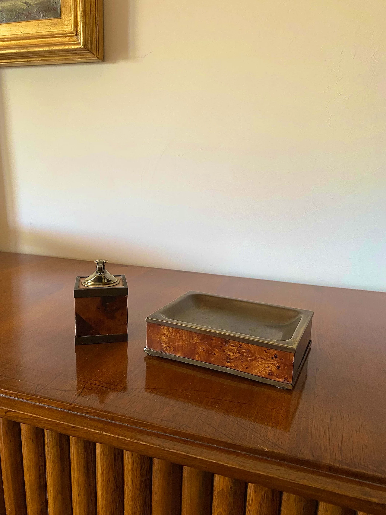 Wood and brass ashtray and table lighter, 1950s 5