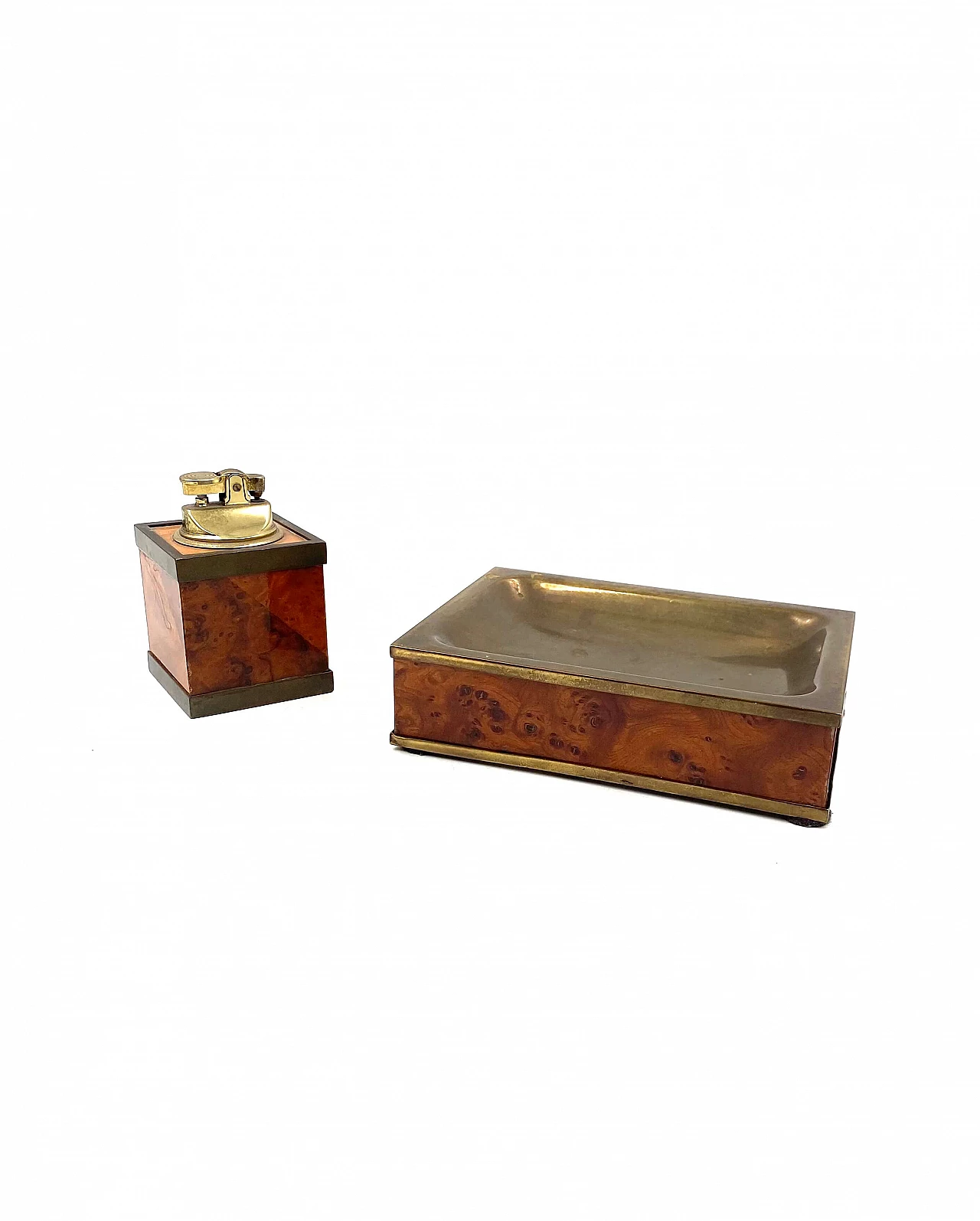 Wood and brass ashtray and table lighter, 1950s 7
