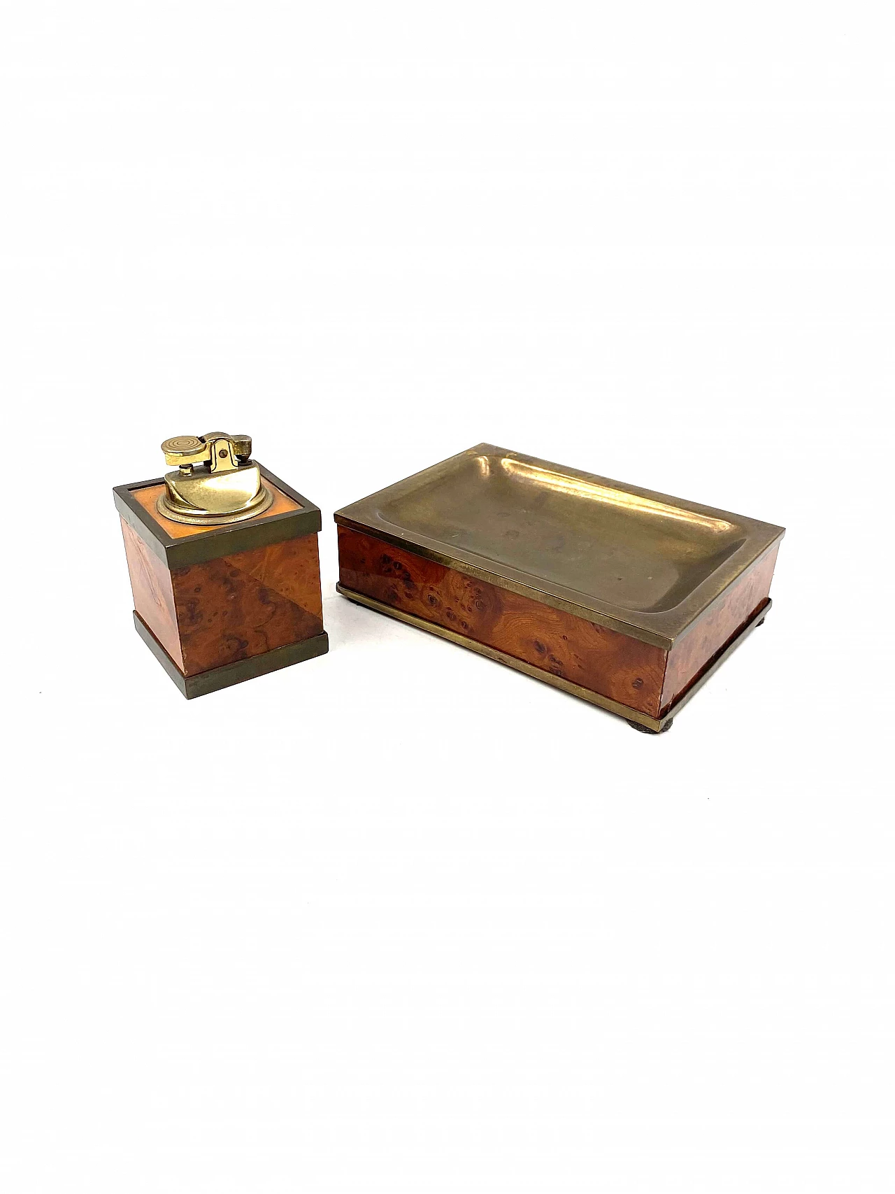 Wood and brass ashtray and table lighter, 1950s 9