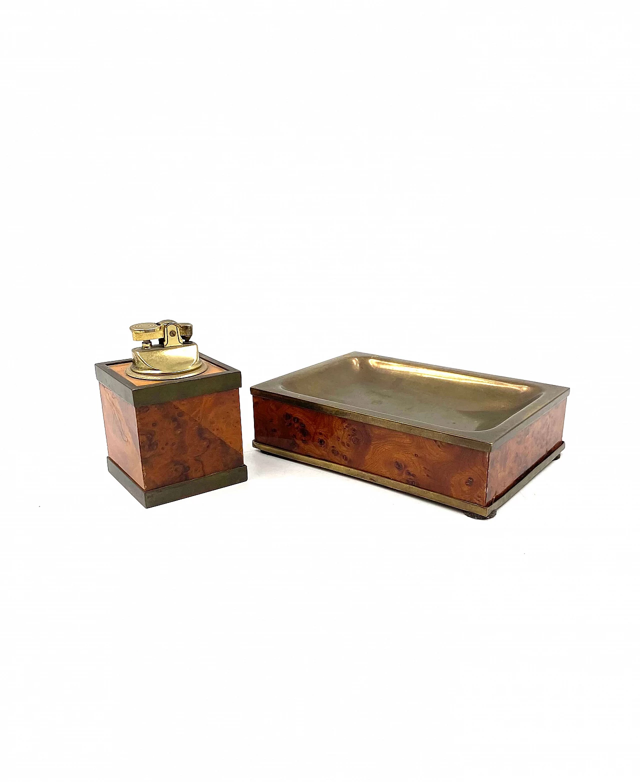 Wood and brass ashtray and table lighter, 1950s 10